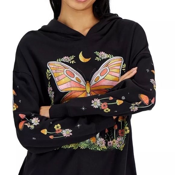 Rebellious One Butterfly Graphic Long-Sleeve Hoodie Pullover, XS, Black NWT - Picture 2 of 14